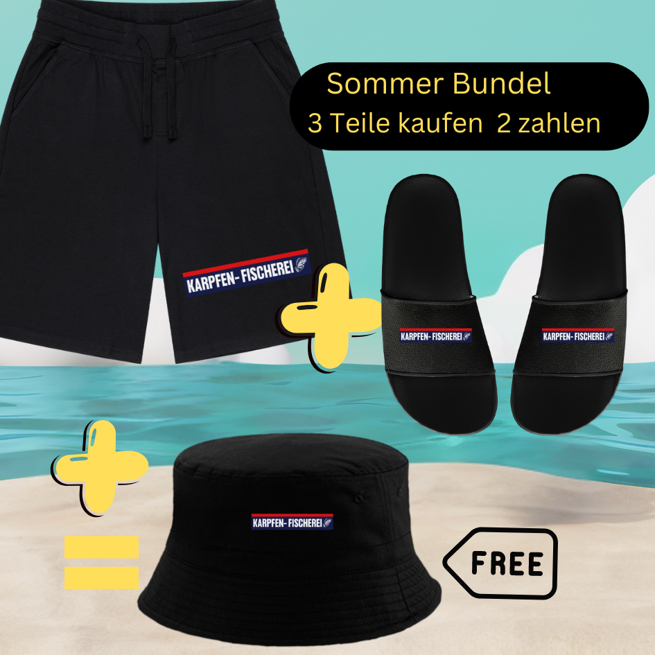 Sommer-Outfit "Karpfen-Fischerei" Shorts und Badelatschen kaufen und  "Bucket Hat Gratis"