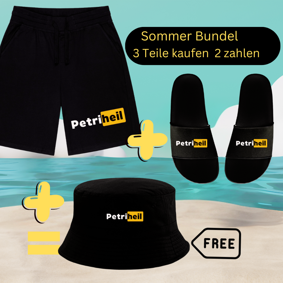 Sommer-Outfit  "Petri Heil" Shorts und Badelatschen kaufen und  "Bucket Hat Gratis"