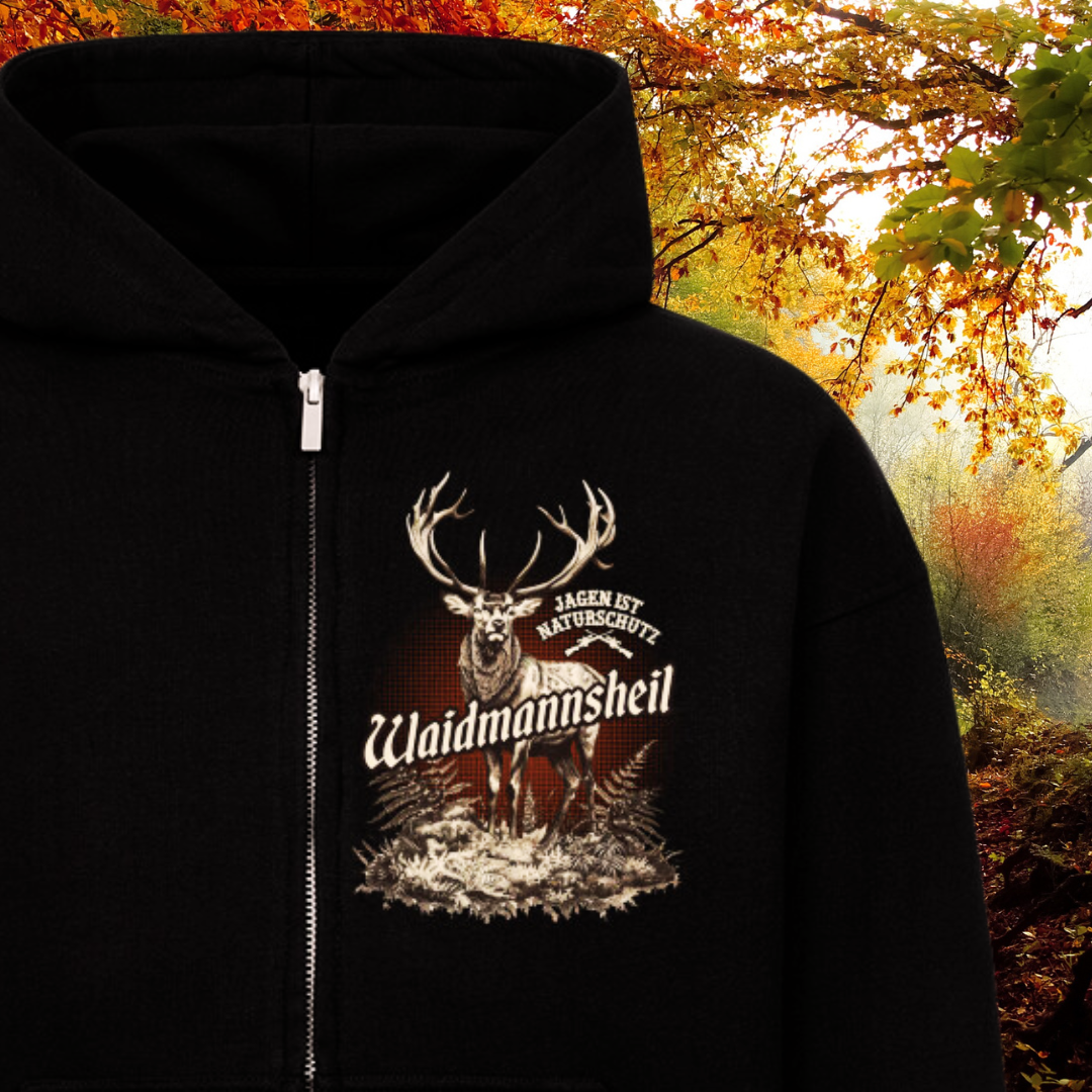 Premium  Zipper Hoodie "Waidmmannsheil" Brustprint klein