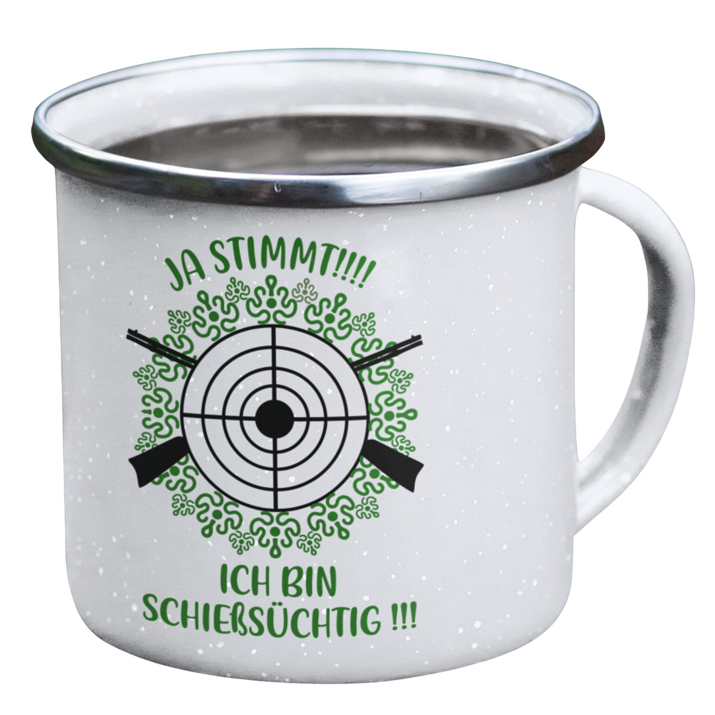 Emaille Tasse "Schießsüchtig"